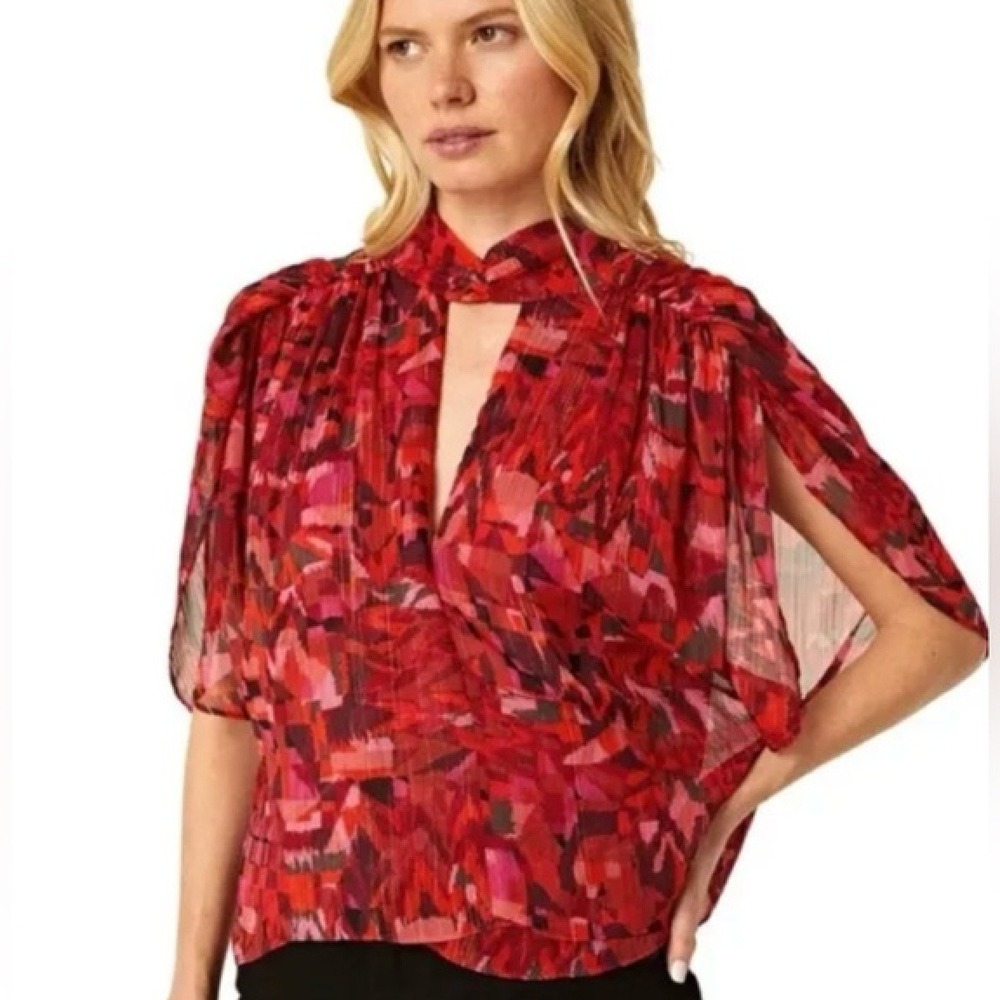MISA Los Angeles Greta Red Abstract Print Keyhole Split Sleeve Top SMALL